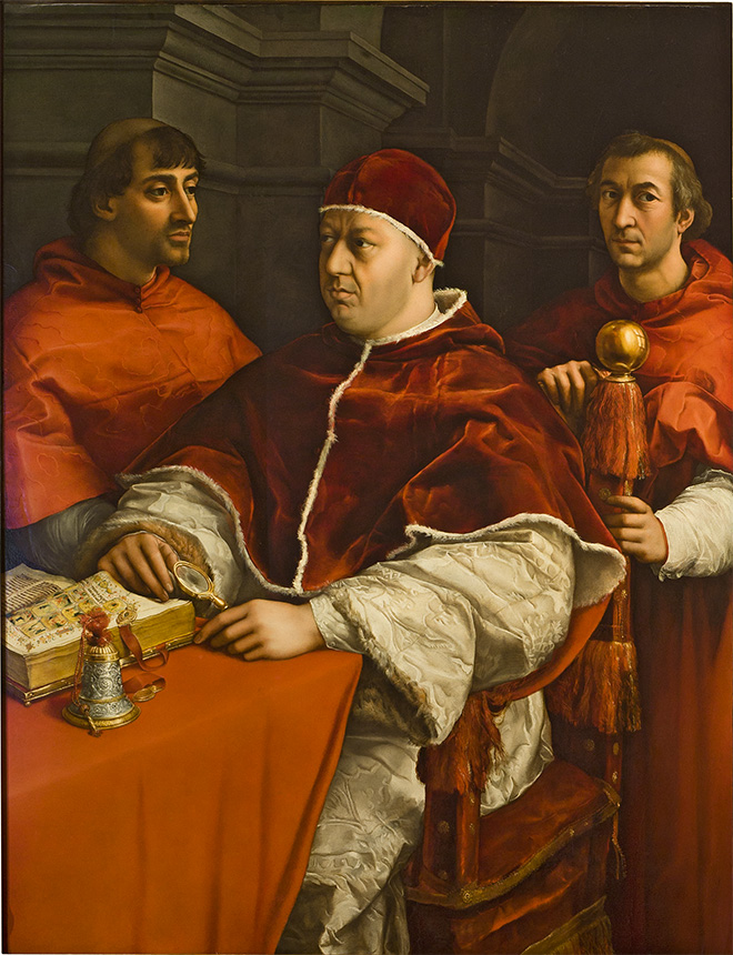 Raffaello - Ritratto di Leone X tra i cardinali Giulio de’ Medici e Luigi de’ Rossi,  Portrait of Pope Leone X with Cardinals Giulio de’ Medici and Luigi de’ Rossi 1518 olio su tavola / oil on wood panel, Firenze, Gallerie degli Uffizi, Galleria delle Statue e delle Pitture Il restauro dell’opera è stato possibile grazie al sostegno di Lottomatica Holding Gabinetto fotografico delle Gallerie degli Uffizi - Su concessione del Ministero per i Beni e le Attività Culturali e del Turismo.