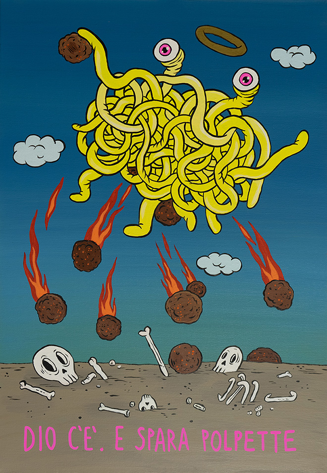 Laurina Paperina, Dio c'è e spara polpette, 2021, acrilici su carta, 50x35 cm. Courtesy Martina Corbetta Arte Contemporanea
