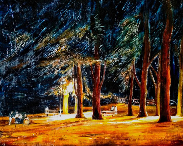 Mariarosaria Stigliano - ESTATE AL PARCO, olio, pigmenti e smalti su tela, 40x50cm, 2021