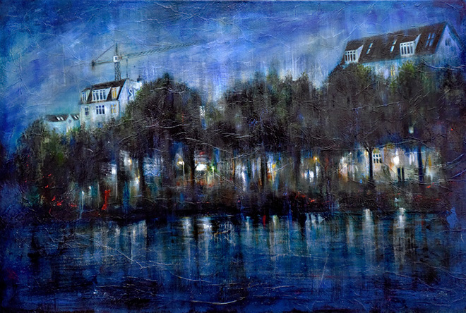 Mariarosaria Stigliano - SUL LAGO, olio, pigmenti e smalti su tela, 80x120cm, 2019