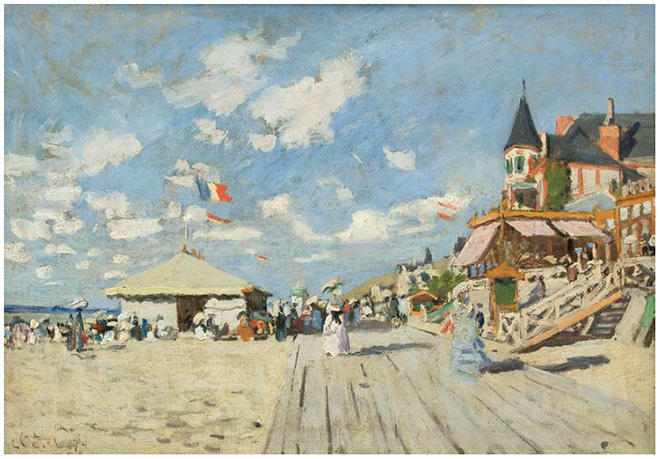 Claude Monet (Parigi 1840 – Giverny 1926), Sulle planches di Trouville, 1870 Olio su tela. Collezione privata friulana.