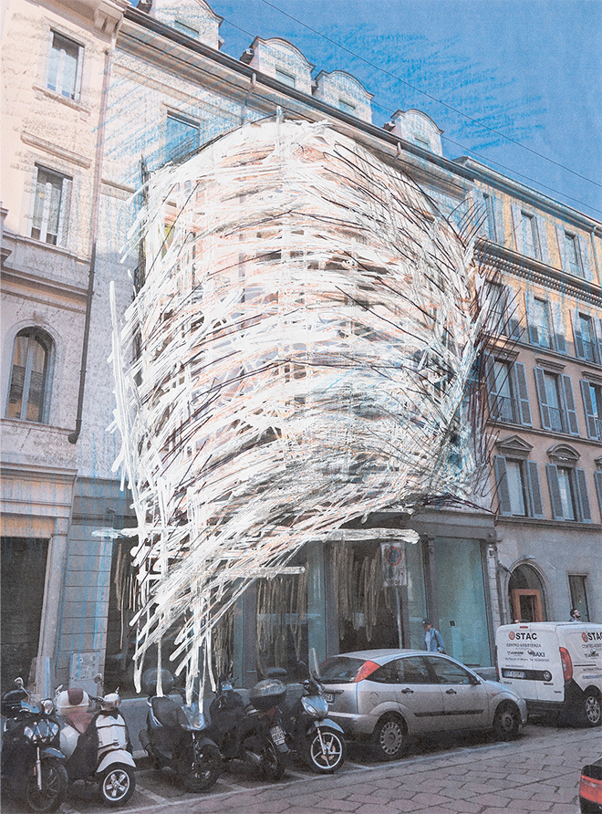 Tadashi Kawamata, Nests in Milan, 2020, matita, pastello e penna su carta / pencil, crayon, and pen on paper, 29,7 × 21 cm disegno preparatorio, progetto per la facciata di BUILDING / preliminary sketch, project for the facade of BUILDING, via Monte di Pietà 23, Milano. Ph. Paolo Riolzi Studio