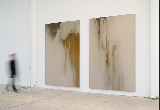 Elizabet Cerviño - Testimonio de la Brisa; Farallones, 2016-2017 , iron oxide on linen  300 x 200 cm each  118,1 x 78,7 in.  Courtesy: the artist and GALLERIA CONTINUA. Photo: Oak Taylor-Smith