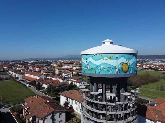 Mr. Fijodor - Pipes, taps, mountains and water with some fish, RAINBOW project, murale sul deposito idrico a Santa Croce sull'Arno