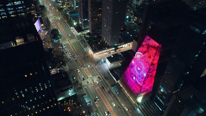 @saidokins & @photonic_art_project.  Interferences. Monumental artistic projection on the façade of the FIESP building in Sao Paulo. Brazil, 2022