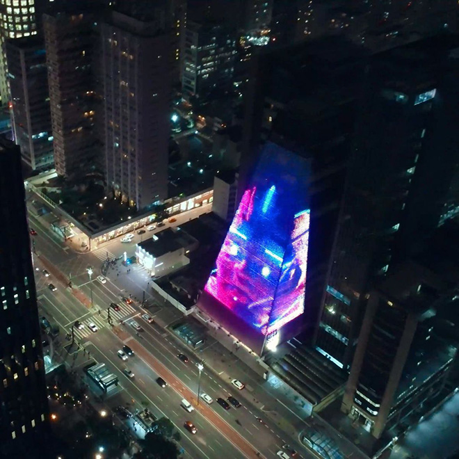 @saidokins & @photonic_art_project.  Interferences. Monumental artistic projection on the façade of the FIESP building in Sao Paulo. Brazil, 2022