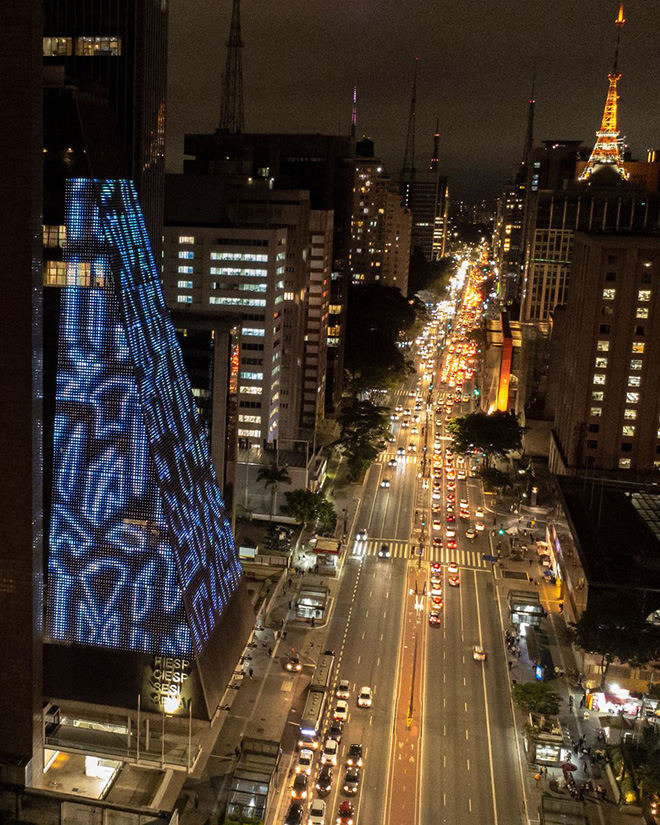 @saidokins & @photonic_art_project.  Interferences. Monumental artistic projection on the façade of the FIESP building in Sao Paulo. Brazil, 2022