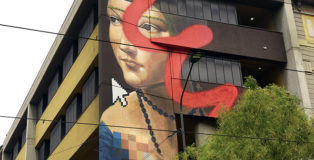 OZMO - A famous Milanese Renaissance Girl, with red brushstroke, pixels and a pointer, Milano. photo courtesy: Ozmo