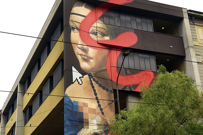 OZMO - A famous Milanese Renaissance Girl, with red brushstroke, pixels and a pointer, Milano. photo courtesy: Ozmo