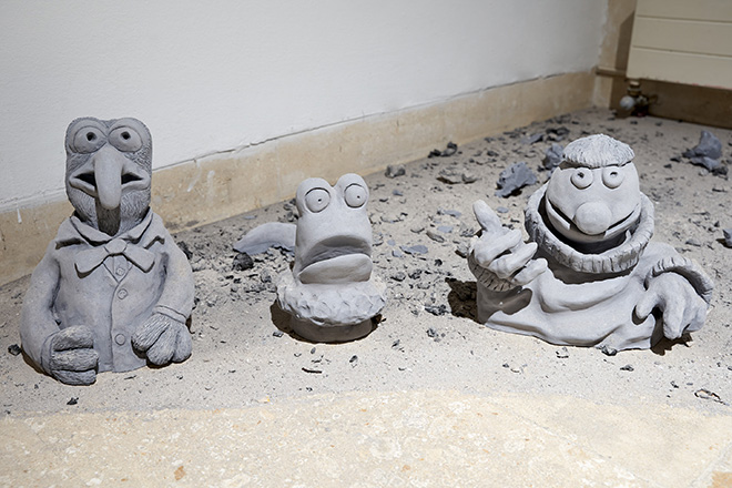 Enej Gala, Entry exam (exploded Muppets), 2022 black stoneware, ashes. Photo credit: Clelia Cadamuro