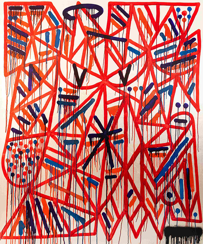 Solomostry - Crossed Red_(2022), Spray, ink and metallic varnish on jute canvas, 150,5x180 cm. Photo credits: Vittorio Lico