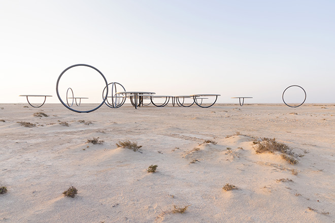 Shadows travelling on the sea of the day, 2022 - Steel, fibreglass, glass mirrors, 4.53 x 10.51 x 10.51 metre | ø 8.2 metre | ø 8.2 metre. Installation view: Northern Heritage sites, Doha, Qatar, 2022. Photo: Iwan Baan. Courtesy of the artist; neugerriemschneider, Berlin; Tanya Bonakdar Gallery, New York / Los Angeles.