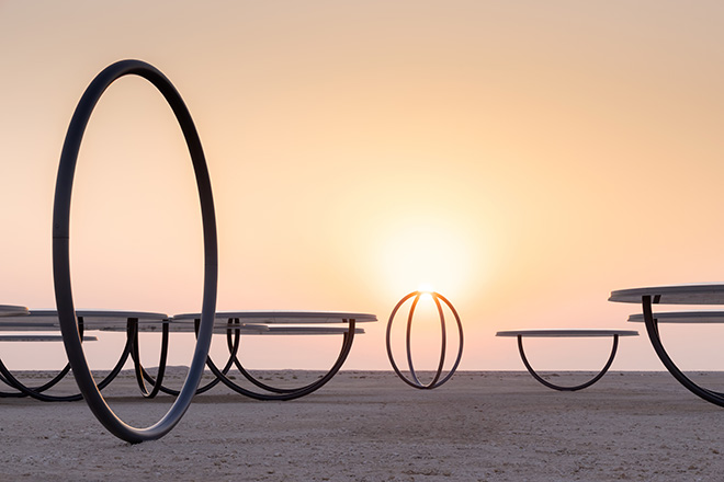 Shadows travelling on the sea of the day, 2022 - Steel, fibreglass, glass mirrors, 4.53 x 10.51 x 10.51 metre | ø 8.2 metre | ø 8.2 metre. Installation view: Northern Heritage sites, Doha, Qatar, 2022. Photo: Iwan Baan. Courtesy of the artist; neugerriemschneider, Berlin; Tanya Bonakdar Gallery, New York / Los Angeles.