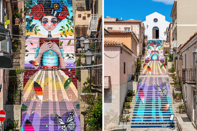 Giorgio Casu – “Aurora”, arte urbana sulla scalinata di Arzachena