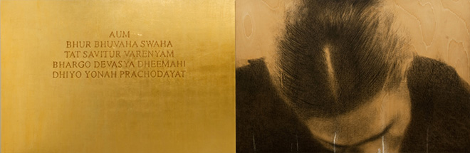 Omar Galliani, Mantra, 1997, dittico, matita + oro in foglia su tavola di pioppo, cm. 200x600. Courtesy the Artist.