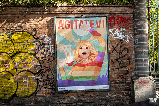 AGITATEVI - Call for Artist Cheap 2023, Poster art, via Irnerio, Bologna. Photo credit: Margherita Caprilli