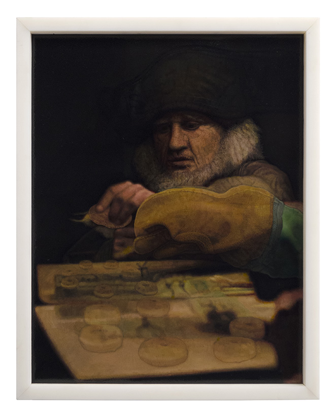 Oscar Giaconia -  THE GRINDER, 2019 58.5 x 45 cm (62.5 x 49 cm framed),  olio su fibra cellulosica alla gelatina plasticizzata e colla animale in teca di nylon . Collezione privata.  ph. Roberto Ferro  .