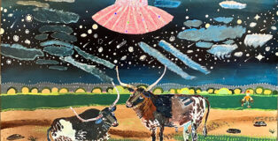 Esther Pearl Watson, Outer reaches of the Solar System, 2023. Acrylic, pen, graphite, glitter on panel, 20,3x25,4 cm