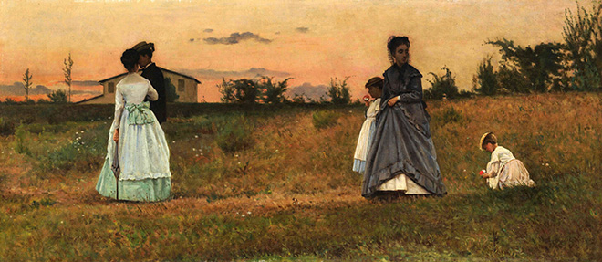 Silvestro Lega - I fidanzati, 1869, olio su tela, 25x79 cm. Milano, Museo Nazionale Scienza e Tecnologia