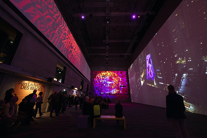 Said Dokins & Roberto Palma. 'Interferences', main hall of Loading. Urban Art in the Digital Age. Grand Palais Immersif, Paris, France. Photo by Leonardo Luna.