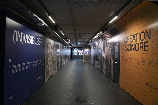 IN]VISIBLES Room. Loading Exhibition. Featuring the video of Heliographies of Memory. Photo by Didier Plowy.