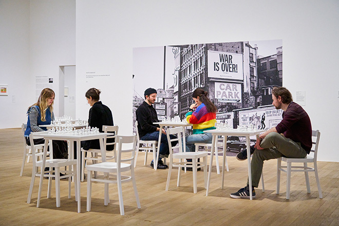 ©Yoko Ono, White Chess Set, 1966, installed in YOKO ONO: MUSIC OF THE MIND, Tate Modern, London, 2024. Photo © Tate (Reece Straw)