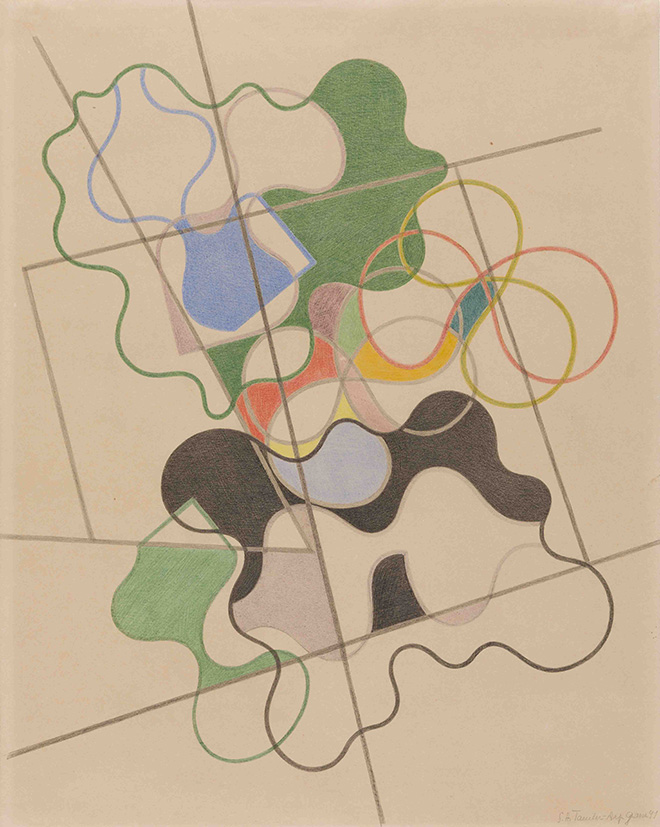 Sophie Tauber Arp - Geometrico e ondeggiante,1941. Matita colorata e grafite su carta. Museo d'arte della Svizzera Italiana, Collezione Cantone Ticino