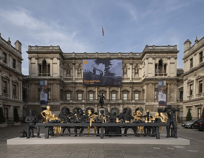 Installation view of the ‘Entangled Pasts, 1768–now. Art, Colonialism and Change’ at the Royal Academy of Arts, London (3 February - 28 April 2024), showing Tavares Strachan, The First Supper (Galaxy Black), 2023. Courtesy of the artist and Perrotin, collection of Glenstone Museum, Potomac, Maryland. Photo by Jonty Wilde