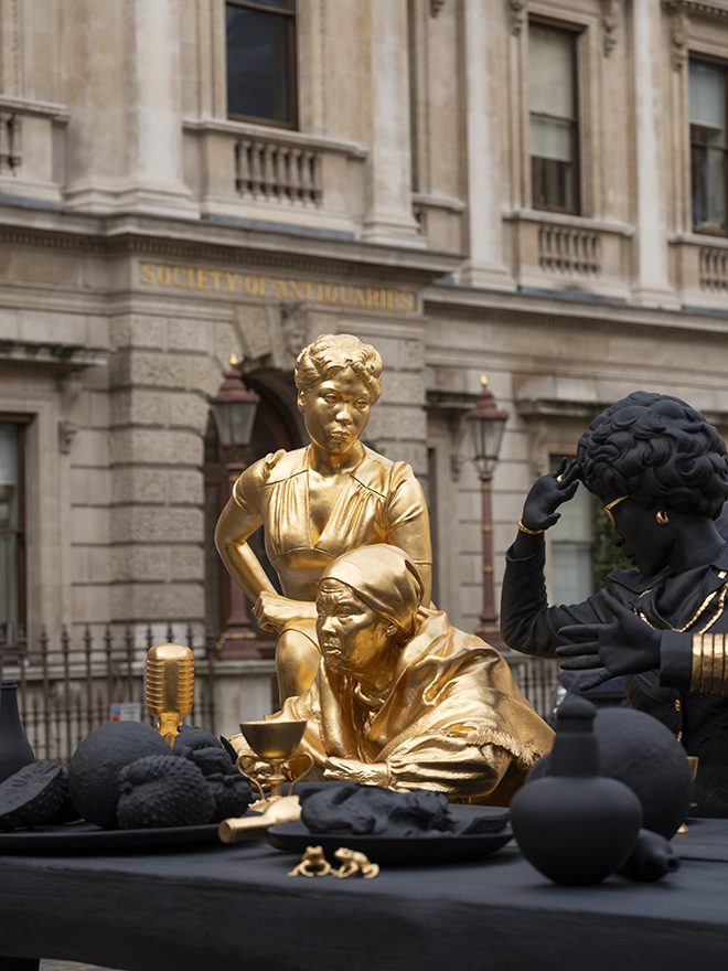 Installation view of the ‘Entangled Pasts, 1768–now. Art, Colonialism and Change’ at the Royal Academy of Arts, London (3 February - 28 April 2024), showing Tavares Strachan, The First Supper (Galaxy Black), 2023. Courtesy of the artist and Perrotin, collection of Glenstone Museum, Potomac, Maryland. Photo by Jonty Wilde