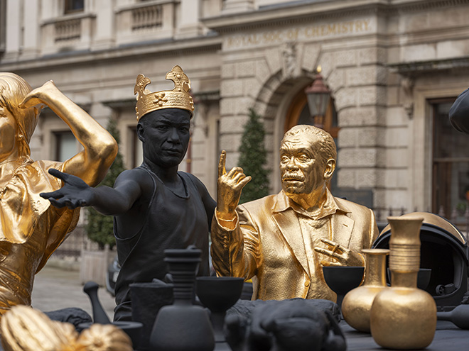 Installation view of the ‘Entangled Pasts, 1768–now. Art, Colonialism and Change’ at the Royal Academy of Arts, London (3 February - 28 April 2024), showing Tavares Strachan, The First Supper (Galaxy Black), 2023. Courtesy of the artist and Perrotin, collection of Glenstone Museum, Potomac, Maryland. Photo by Jonty Wilde