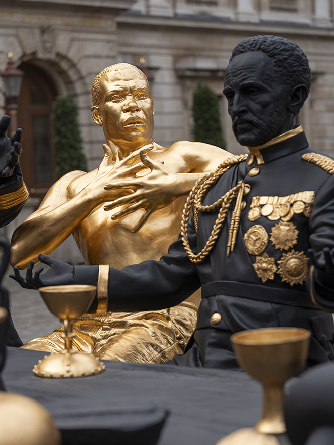 Installation view of the ‘Entangled Pasts, 1768–now. Art, Colonialism and Change’ at the Royal Academy of Arts, London (3 February - 28 April 2024), showing Tavares Strachan, The First Supper (Galaxy Black), 2023. Courtesy of the artist and Perrotin, collection of Glenstone Museum, Potomac, Maryland. Photo by Jonty Wilde