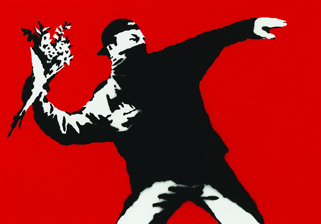 Banksy - Love is in the air (Flower trower), 2003, serigrafia su carta. cm . 50x70, Londra, Collezione privata Emilia e Alessandro