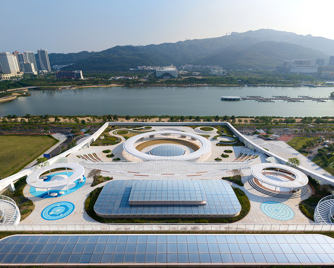 Yunchao Xu/Atelier Apeiron - Hengqin Culture & Art Complex, Hengqin, Xiangzhou, Zhuhai, China. View towards the river and the mountain. Photo credit: Hao Zhang Yunchao Xu/Atelier Apeiron - Hengqin Culture & Art Complex, Hengqin, Xiangzhou, Zhuhai, China. View towards the river and the mountain. Photo credit: Hao Zhang