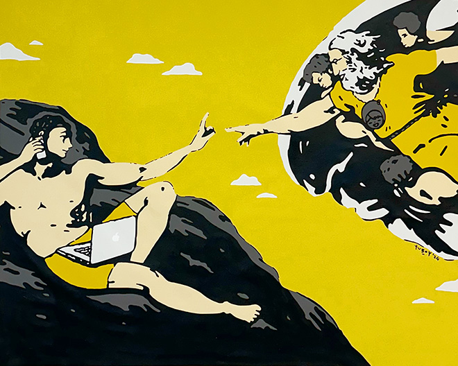 TVBOY - Contemporary Adam, Light Yellow, Mixed Media on Canvas, 100x80 cm. 2024