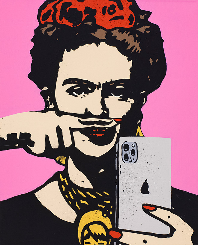 TVBOY - Frida's Selfie, Pink Mixed Media on Canvas, Unique Work, 65x80