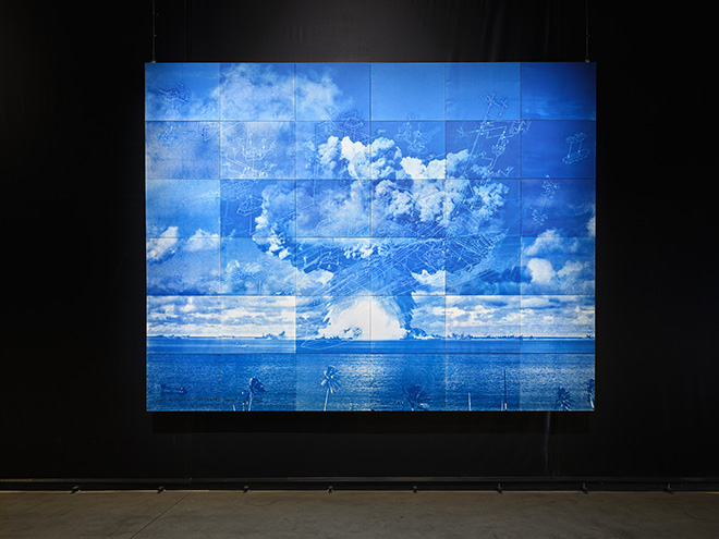 Yukinori Yanagi - Nagato x Operation Crossroads Baker, July 25, 1946 Cyanotype exposed by the Sun of July 25, 2024, 2024 Veduta dell’installazione, Pirelli HangarBicocca, Milan, 2025. ©YANAGI STUDIO Courtesy l’artista e Pirelli HangarBicocca, Milano. Foto Agostino Osio Yukinori Yanagi - Nagato x Operation Crossroads Baker, July 25, 1946 Cyanotype exposed by the Sun of July 25, 2024, 2024 Veduta dell’installazione, Pirelli HangarBicocca, Milan, 2025. ©YANAGI STUDIO Courtesy l’artista e Pirelli HangarBicocca, Milano. Foto Agostino Osio