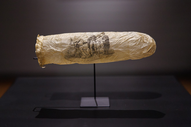 Anonymous, Condom with print, c. 1830. Acquired through the F.G. Waller Fonds. Photo: Rijksmuseum/Kelly Schenk Anonymous, Condom with print, c. 1830. Acquired through the F.G. Waller Fonds. Photo: Rijksmuseum/Kelly Schenk