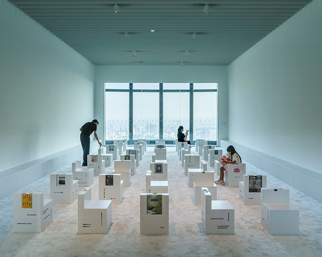 Section 3: Book Lounge of Awai (In-Between). Installation view: The Architecture of Sou Fujimoto: Primordial Future Forest, Mori Art Museum, Tokyo, 2025. Photo: Yashiro Tetsuya. Photo courtesy: Mori Art Museum, Tokyo Section 3: Book Lounge of Awai (In-Between). Installation view: The Architecture of Sou Fujimoto: Primordial Future Forest, Mori Art Museum, Tokyo, 2025. Photo: Yashiro Tetsuya. Photo courtesy: Mori Art Museum, Tokyo