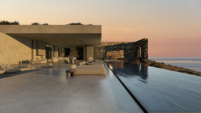 At sunset, the geometry of the house reflects across the water, reinforcing its connection to the topography. Photo credit: ONUS Architecture Studio At sunset, the geometry of the house reflects across the water, reinforcing its connection to the topography. Photo credit: ONUS Architecture Studio