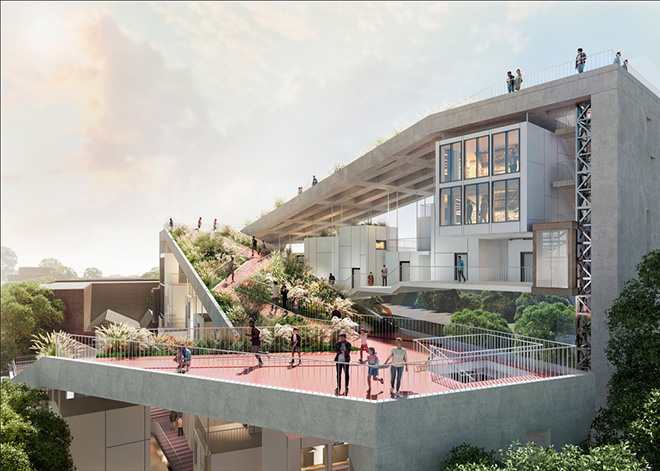 Xuefeng Li - Beacon House. The elevated pathway transforms into a dynamic public space where residents can stay active and engage in conversation. Photo credit: Xuefeng Li