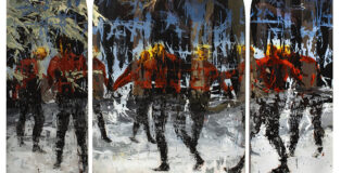 Gonzalo Borondo, Balla Feldafing con me, 2025, trittico, acrilico su vetro, 200x50 cm, 200x100 cm, 200x50 cm