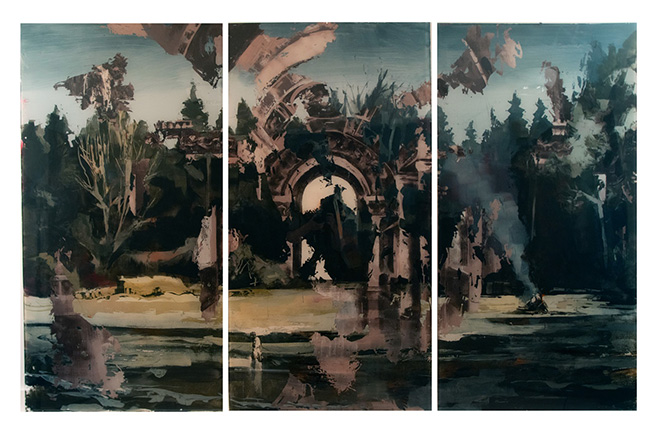 Gonzalo Borondo - El real sitio y la hoguera, 2025, trittico, acrilico su vetro, 160x83 cm cad.