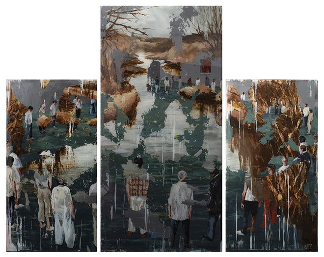 Gonzalo Borondo - Eresma volta folla, 2025, trittico, acrilico su vetro, 150x75 cm, 200x100 cm, 150x75 cm