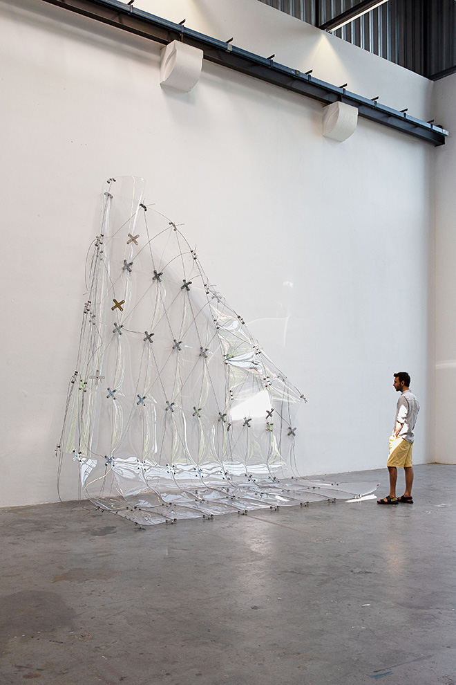 Viktor Petrov, Gazing at the Glazing (2021), riot shields (polycarbonate), stainless steel fittings, stainless steel ropes variable dimensions Viktor Petrov, Gazing at the Glazing (2021), riot shields (polycarbonate), stainless steel fittings, stainless steel ropes variable dimensions