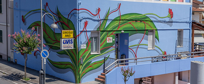 Nian - Reticolo (dettaglio), murale presso la sede AVIS di Vallefoglia (PU) in collaborazione con Street Levels Gallery