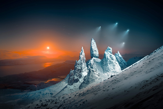 ©Liam Man - Moonrise Sprites Over Storr, Location: Old Man Of Storr (Ilse of Skye, Scotland). Siena Creative Photo Awards 2025