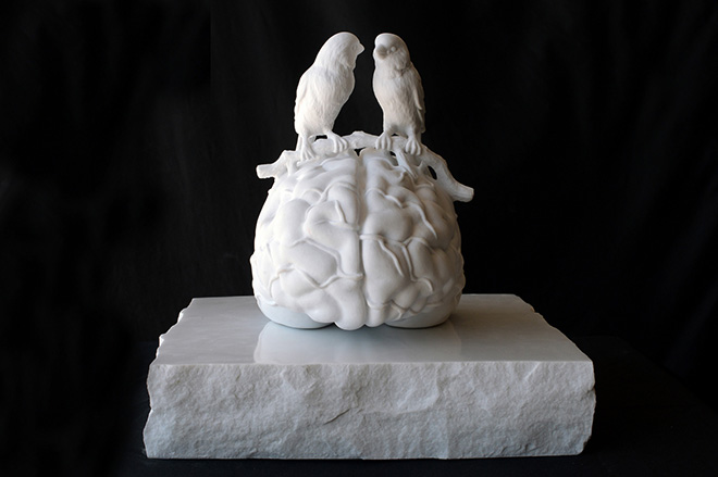 Jan Fabre - Sharing Secrets about the Neurons, 2024, Carrara marble Bianco PH 45x50x42 cm. Photo credit: Pierluigi Di Pietro