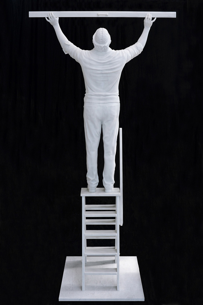 Jan Fabre - The Man Who Measures His Own Planet, 2024, Carrara marble Statuario, 245x115x50 cm. Photo credit: Pierluigi Di Pietro