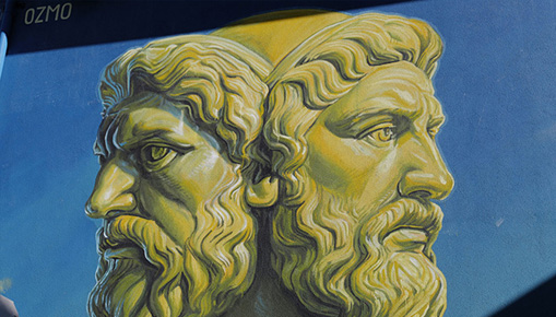 OZMO - Giano Bifronte. L'artista ha ideato un itinerario di murales per la città di Aosta
