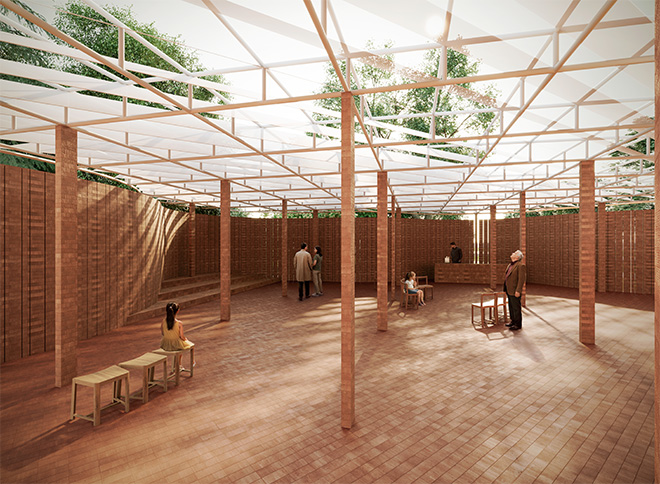 Serpentine Pavilion 2026 a serpentine, designed by Isabel Abascal and Alessandro Arienzo, LANZA atelier. Design render, aerial view. © LANZA atelier. Courtesy Serpentine.